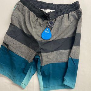 Texfit Men's Grey and Blue Patterned Swim Shorts Drip Dry with Zip Pockets